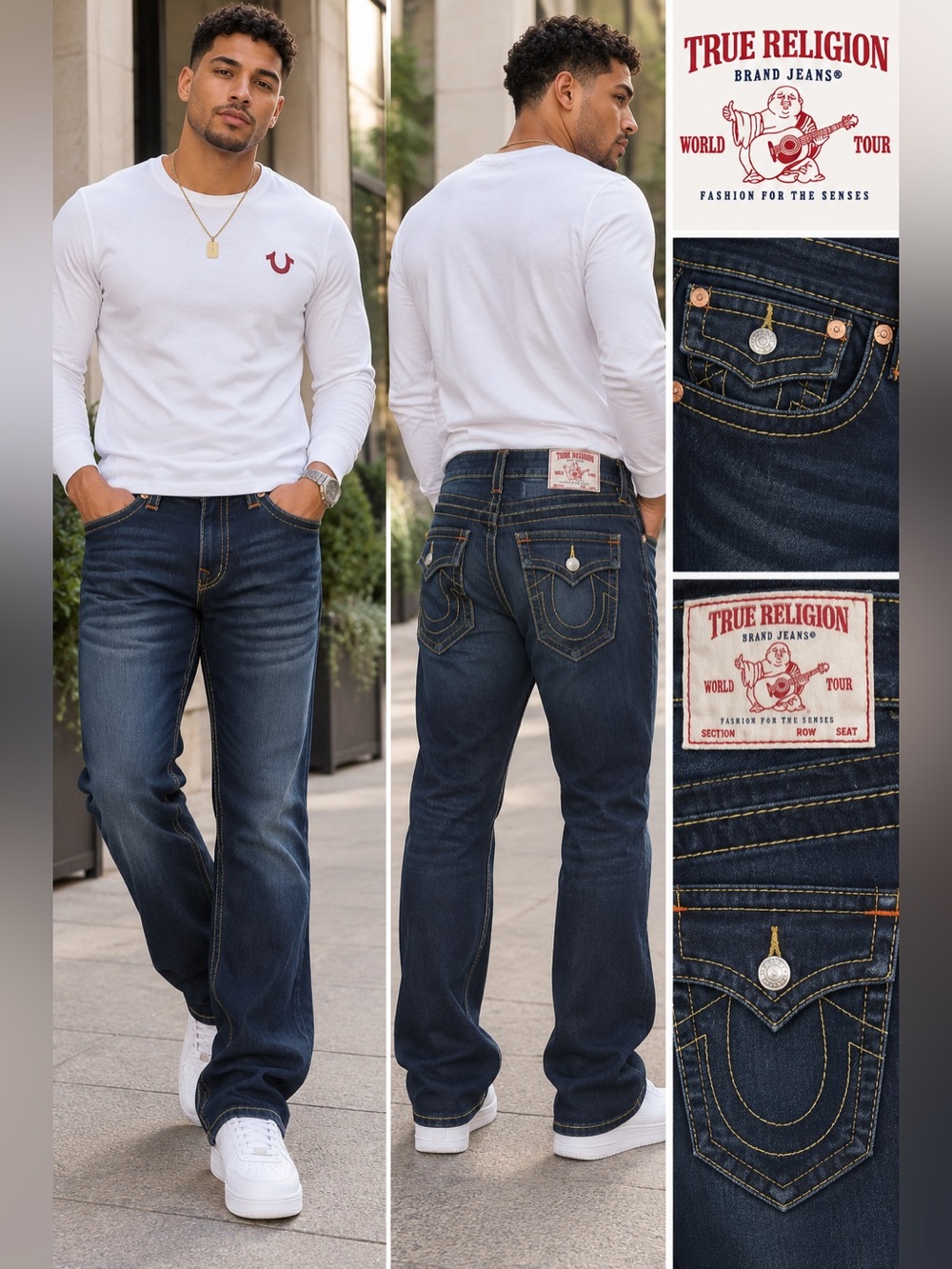 True Religion Men's Dark Blue Bootcut Jeans with Signature Stitching 34/32
